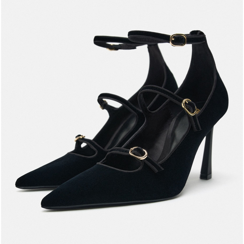 ZARA Velvet Mary Jane Heels NWT Black Pointed Toe Multi Strap Pumps Size 9 - Picture 15 of 16